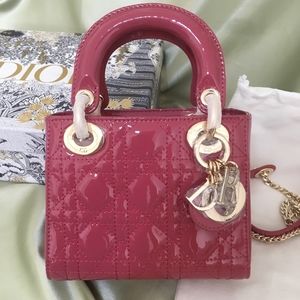 Authenticity❣ Dior ❣Lady Dior❣pink nubuck plaid cow leather handbag